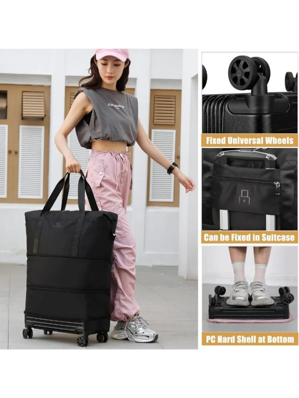 Foldable Duffle Bag with Wheels, Expandable Travel Luggage, Large Carry-On for